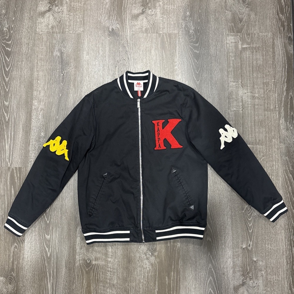 Kappa Bomber Jacket Men's L Full Zip Back Spellout Chenille Varsity Authentic